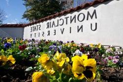 Photo of main entrance with flowers planted in front of logo